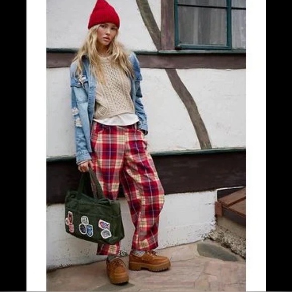 Free People Pants - NWT Free People Nice Choice Pull-On Pant Wine combo lantern plaid Medium